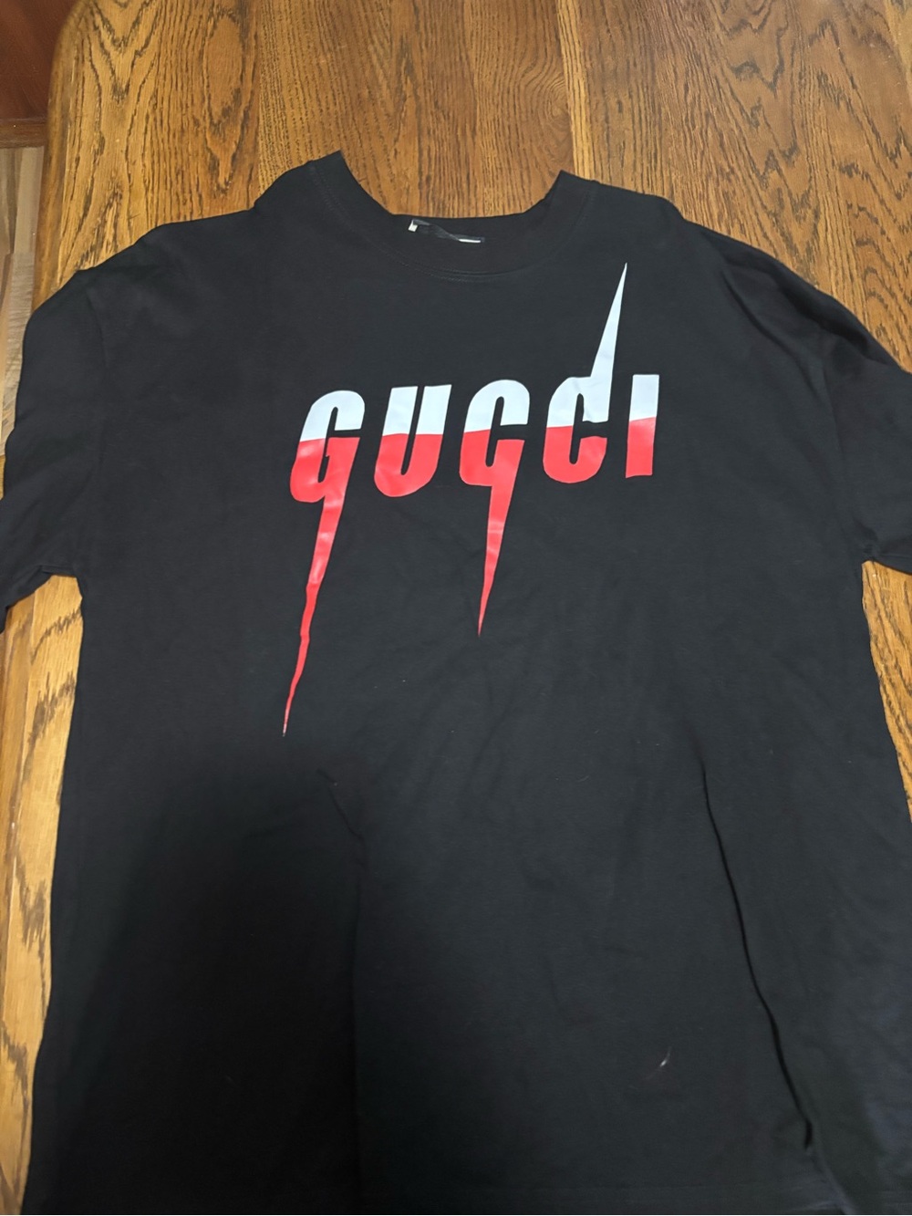 Gucci Black Short Sleeve Tee with Red and White Gradient Logo